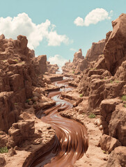 Flowing river of melted chocolate through a canyon