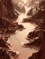 Flowing river of melted chocolate through a canyon