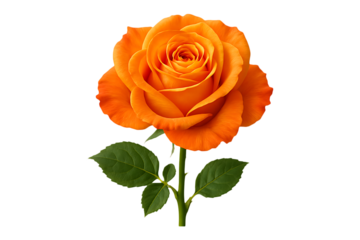 beautiful orange rose with green leaves on transparent background