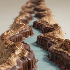 Flowing river of melted chocolate through a canyon