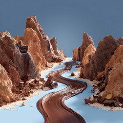 Flowing river of melted chocolate through a canyon