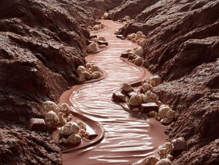 Flowing river of melted chocolate through a canyon
