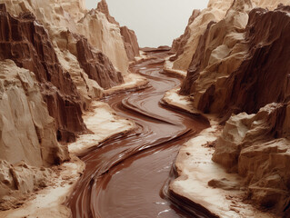 Flowing river of melted chocolate through a canyon