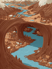 Flowing river of melted chocolate through a canyon