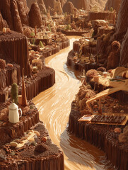 Flowing river of melted chocolate through a canyon