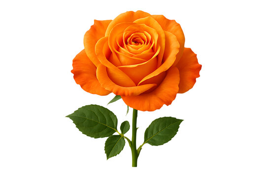beautiful orange rose with green leaves on transparent background