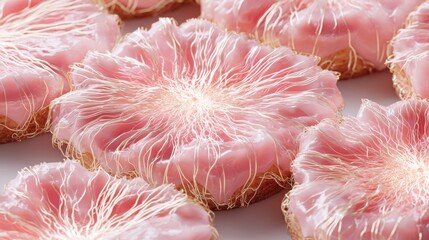 Futuristic pastry surface patterned like neural network, glossy blush glaze with fine luminous lines, AI inspired dessert concept, hyper realistic