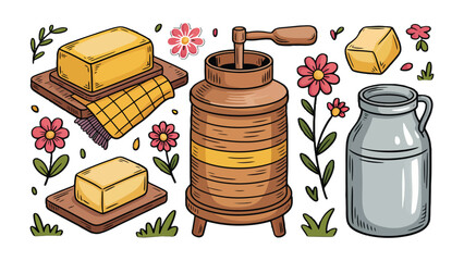 Farm Fresh Essentials: A charming illustration featuring rustic wooden butter churn, floral bloom, milk jug and pats of golden butter. Capturing the essence of homemade goodness.