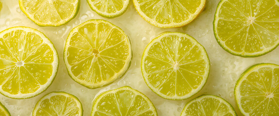 Fototapeta premium Citrus Burst: A vibrant arrangement of fresh, juicy lime slices showcasing their bright green hues, evoking a sense of refreshment and culinary delight.