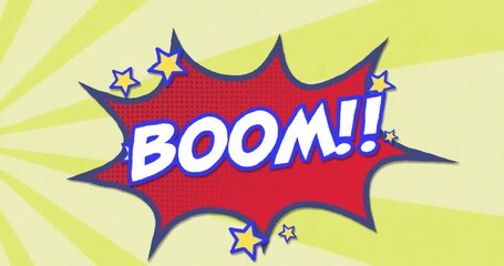 Animation of boom text with exclamation symbols and stars in speech bubble against stripes - Powered by Adobe