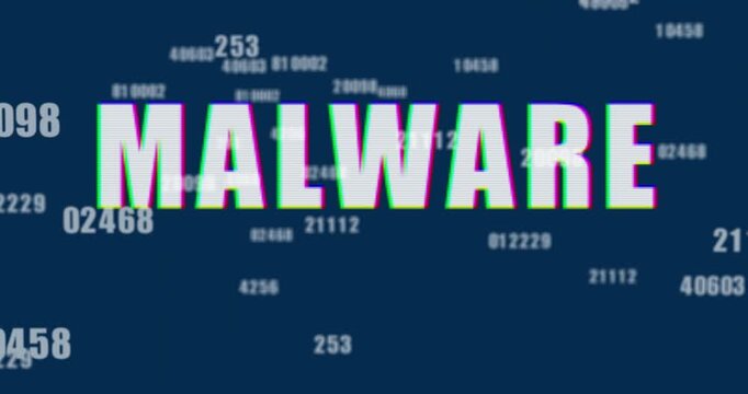 Animation of malware text and numbers processing over blue background