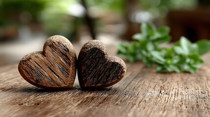 Rustic Wooden Hearts on Wooden Surface with Green Foliage for Romantic Decor or Nature-Themed Design