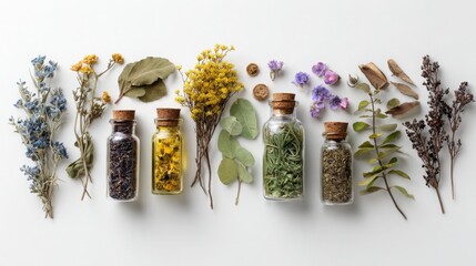 Flat lay of dried herbs, roots, and essential oil bottles on white background, ideal for alternative medicine and wellness concepts.