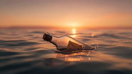 Glass bottle with message floating on calm sea during golden sunset, nostalgic and emotional concept, warm light, minimalistic storytelling