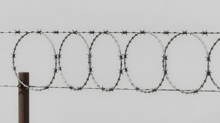 A close-up view of a barbed wire fence against a gray background