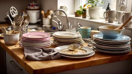 A kitchen counter with a bunch of dirty dishes on it
