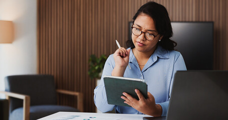 Financial advisor, thinking and woman in office, tablet and decision with checklist for trading...