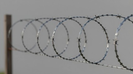A close-up view of a barbed wire fence against a gray background
