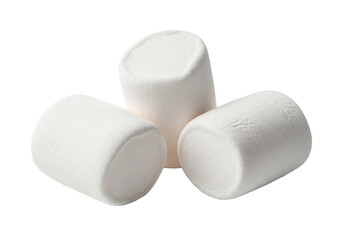 Three soft white irregular cylindrical marshmallows with delicate powdered coating, artfully clustered against a transparent studio background with soft diffused lighting, sharp focus. Concept of