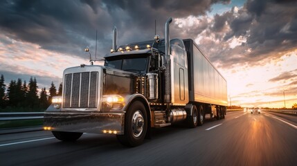 heavy diesel semi truck with long trailer on highway, sunset light, reflections on chrome, scale and power, ultra realistic photo
