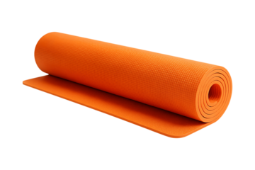Vibrant orange yoga mat rolled up on transparent background