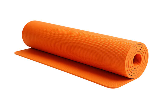 Vibrant orange yoga mat rolled up on transparent background