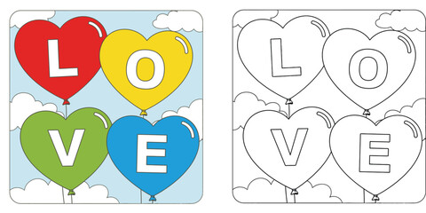 Colorful heart balloons spelling LOVE in the sky. Vector illustration with black and white coloring book page outline.