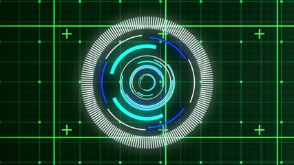 Animation of neon round scanner spinning over grid network against green background - Powered by Adobe