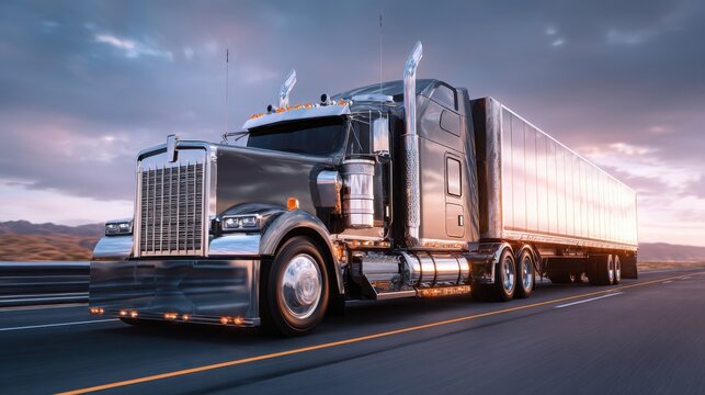 heavy diesel semi truck with long trailer on highway, sunset light, reflections on chrome, scale and power, ultra realistic photo