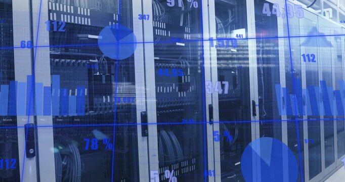 Animation of statistical data processing over grid network against computer server room