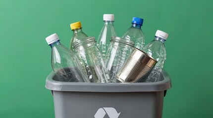 A gray recycling bin filled with plastic bottles and cans against a green background