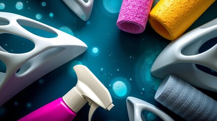 A bunch of different colored sponges and a spray bottle on a blue background