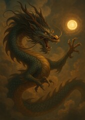 Fototapeta premium Majestic dragon under glowing moon.