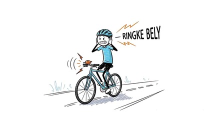 Fototapeta premium Cartoon Cyclist Rings Bell Loudly on Road.