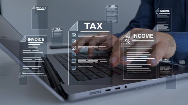 Tax calculation and financial accounting concept with online taxes, VAT, income analysis, budget planning, digital payments and modern business finance management.	
