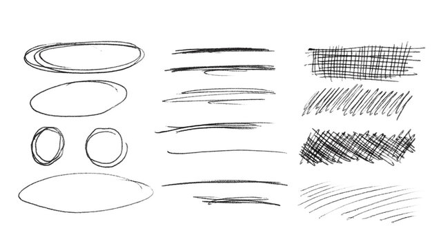 set of sketch hand-drawn circles, lines and textures of a black ballpen isolated on white or transparent png