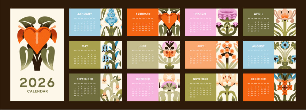 Wall calendar design with abstract flowers set. Months of 2026 year with irregular and symmetrical wildflowers on templates. Layouts with leaves, plants and floral decor. Flat vector illustrations