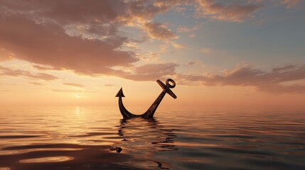Large metal anchor partially submerged near ocean surface at sunrise, golden reflections on calm water, strength and stability concept, minimalistic