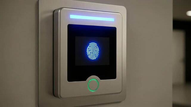 High-tech biometric security system displays fingerprint recognition, user interacts with touch sensor, showcasing advanced cyber security technology in action, camera follows motion