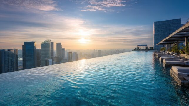 Luxury infinity pool overlooking Singapore skyline from rooftop, crystal clear water merging with city horizon, soft sunset light, modern minimal