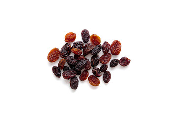 Dried raisins isolated on white background.