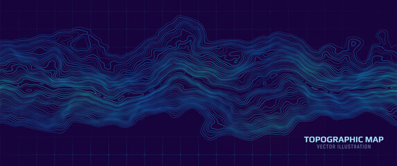Topographic map. Geographic contour map background with elevation lines. Detailed terrain visualization concept. Vector illustration of landscape elevations and natural relief.