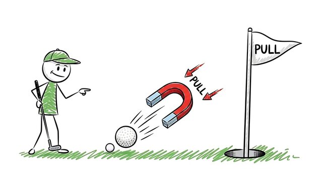 Funny Cartoon of Golf Ball Being Pulled by Magnet Towards Hole.