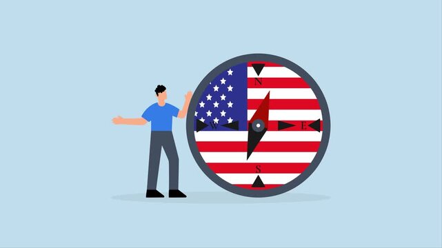 World and United States economic direction after presidential election, L4k animation of eaders in business stand with compass and the US flag