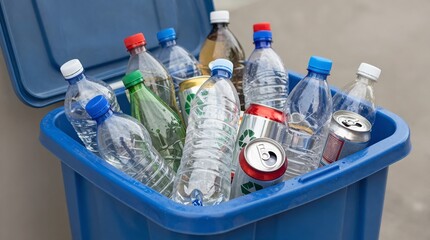 A blue recycling bin filled with plastic bottles and cans on a concrete surface
