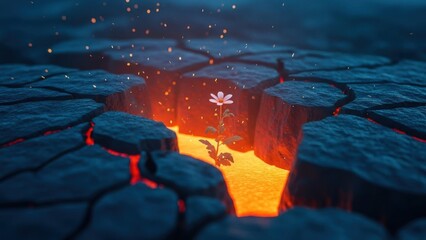 Resilient flower blooms in cracked earth with fiery glow