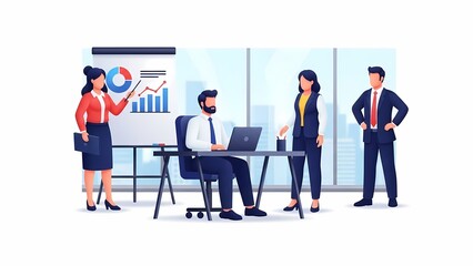 Fototapeta premium 明るいオフィスでのプレゼンテーションのビジネスチームと鮮やかなグラフ