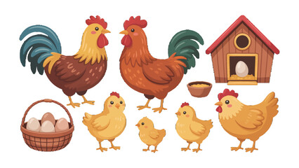 Farm Life Illustration: A charming illustration depicts the cheerful simplicity of farm life. Bright colors and clean lines bring to life a rooster, chickens, chicks, a hen house, a basket of eggs. © Ajhar234