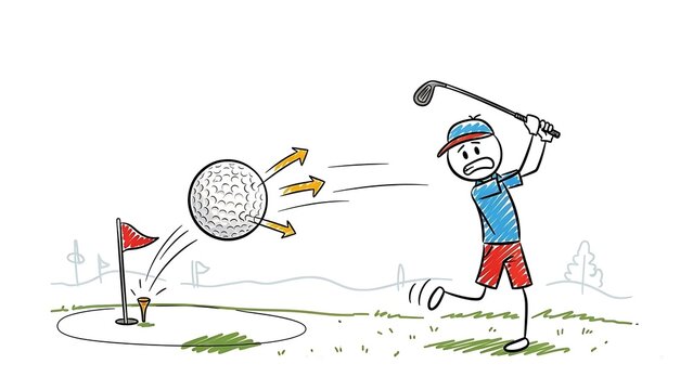 Stick Figure Golfer Misses Putt With Golf Ball Flying Away.
