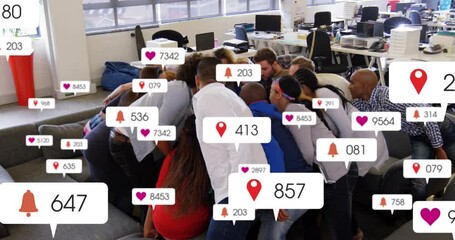 Animation of social media data processing over diverse business people in office - Powered by Adobe